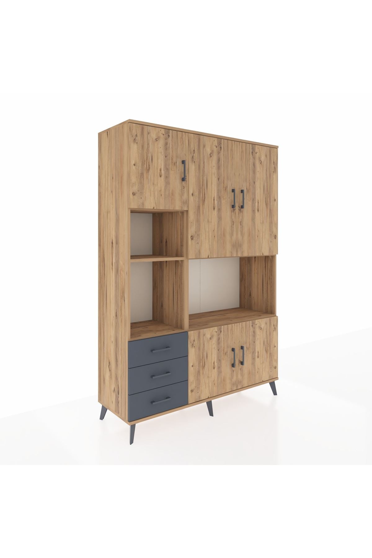 Hyperion Dolap 9 Raflı 3 Çekmeceli 5 Kapaklı 132x44x195 Çam-Çam/Antrasit