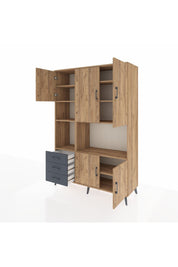 Hyperion Dolap 9 Raflı 3 Çekmeceli 5 Kapaklı 132x44x195 Çam-Çam/Antrasit