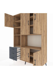Hyperion Dolap 9 Raflı 3 Çekmeceli 5 Kapaklı 132x44x195 Çam-Çam/Antrasit