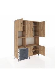 Hyperion Dolap 9 Raflı 3 Çekmeceli 5 Kapaklı 132x44x195 Çam-Çam/Antrasit