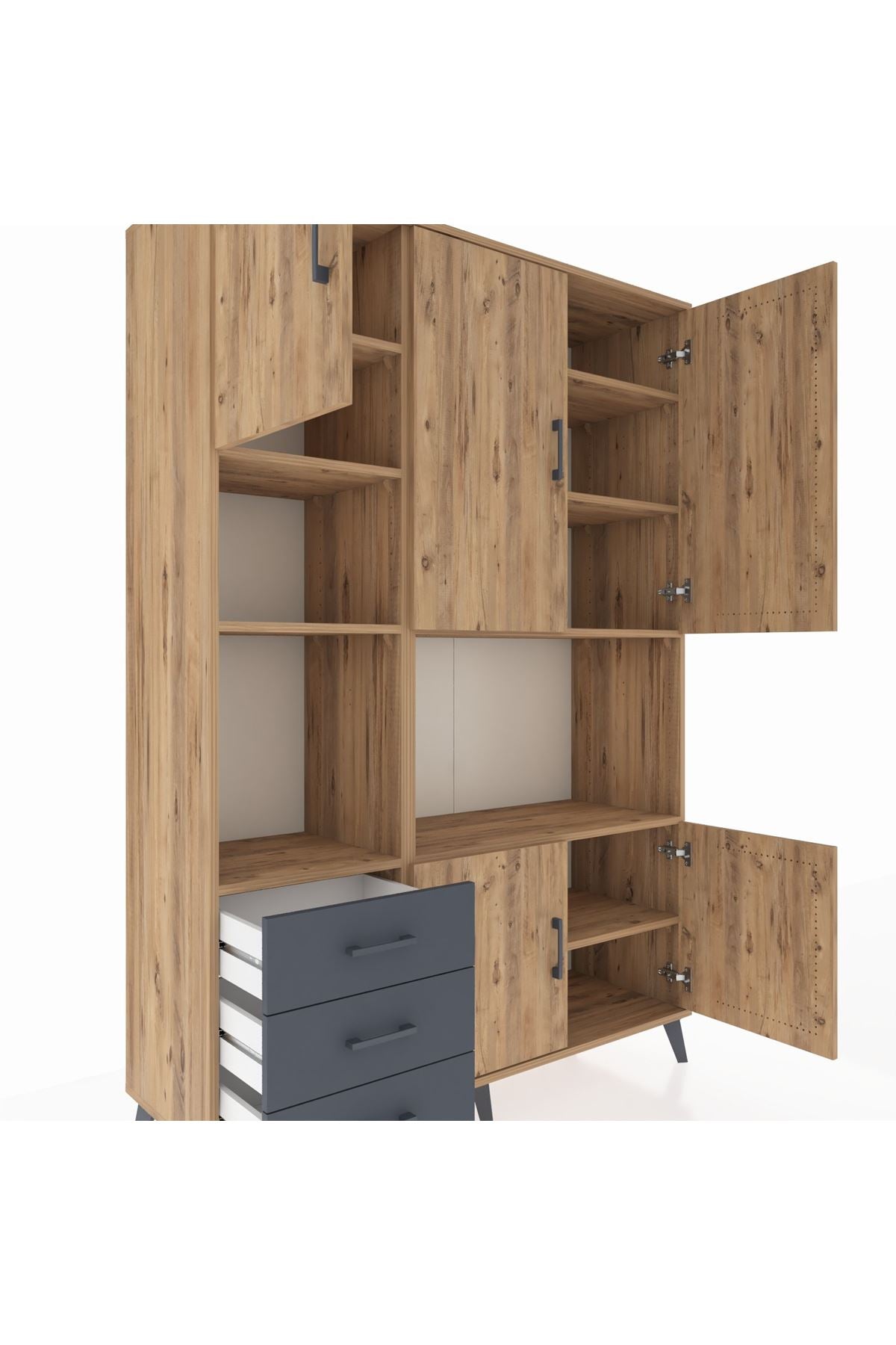 Hyperion Dolap 9 Raflı 3 Çekmeceli 5 Kapaklı 132x44x195 Çam-Çam/Antrasit