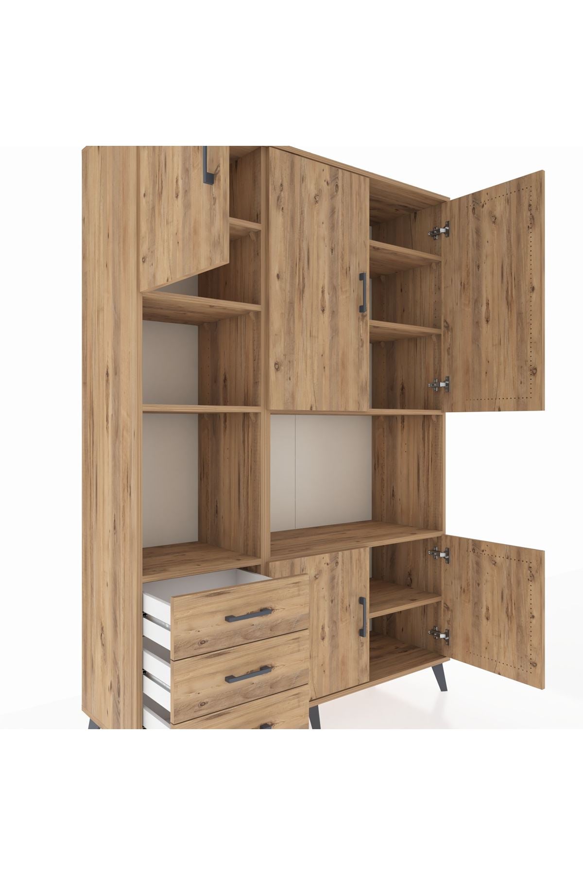 Hyperion Dolap 9 Raflı 3 Çekmeceli 5 Kapaklı 132x44x195 Çam-Çam/Çam