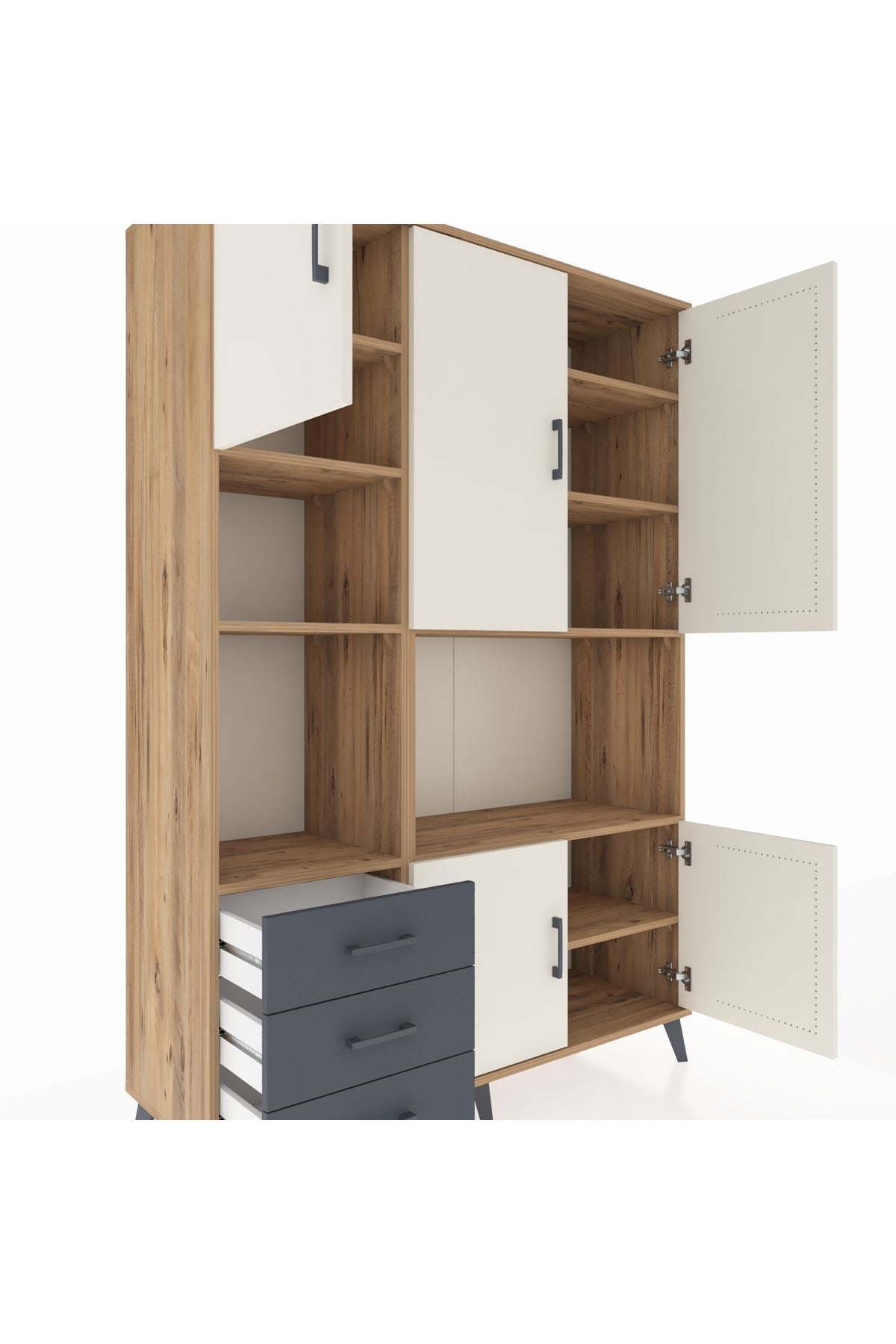 Hyperion Dolap 9 Raflı 3 Çekmeceli 5 Kapaklı 132x44x195 Çam-Aytaşı/Antrasit