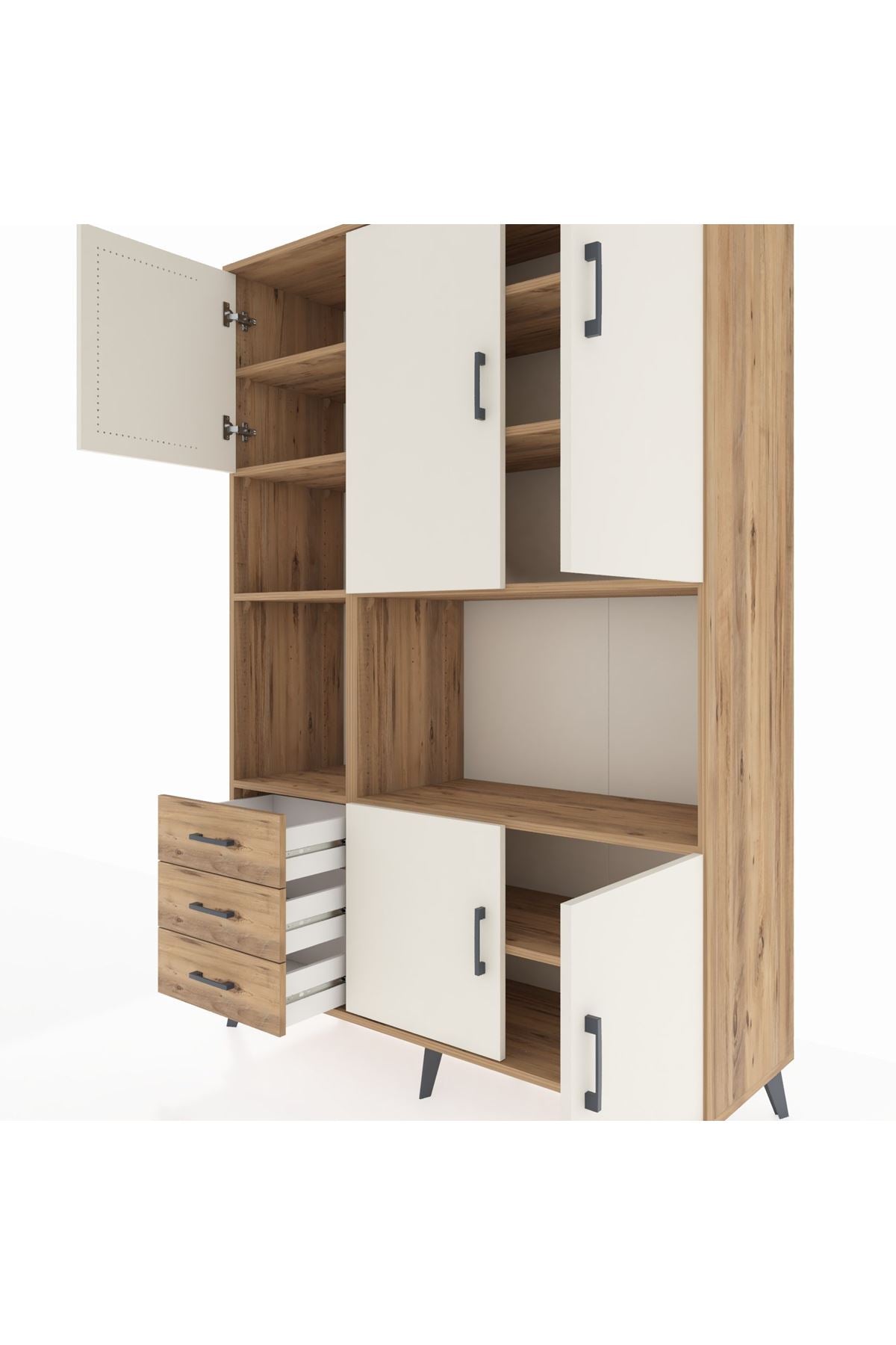 Hyperion Dolap 9 Raflı 3 Çekmeceli 5 Kapaklı 132x44x195 Çam-Aytaşı/Çam