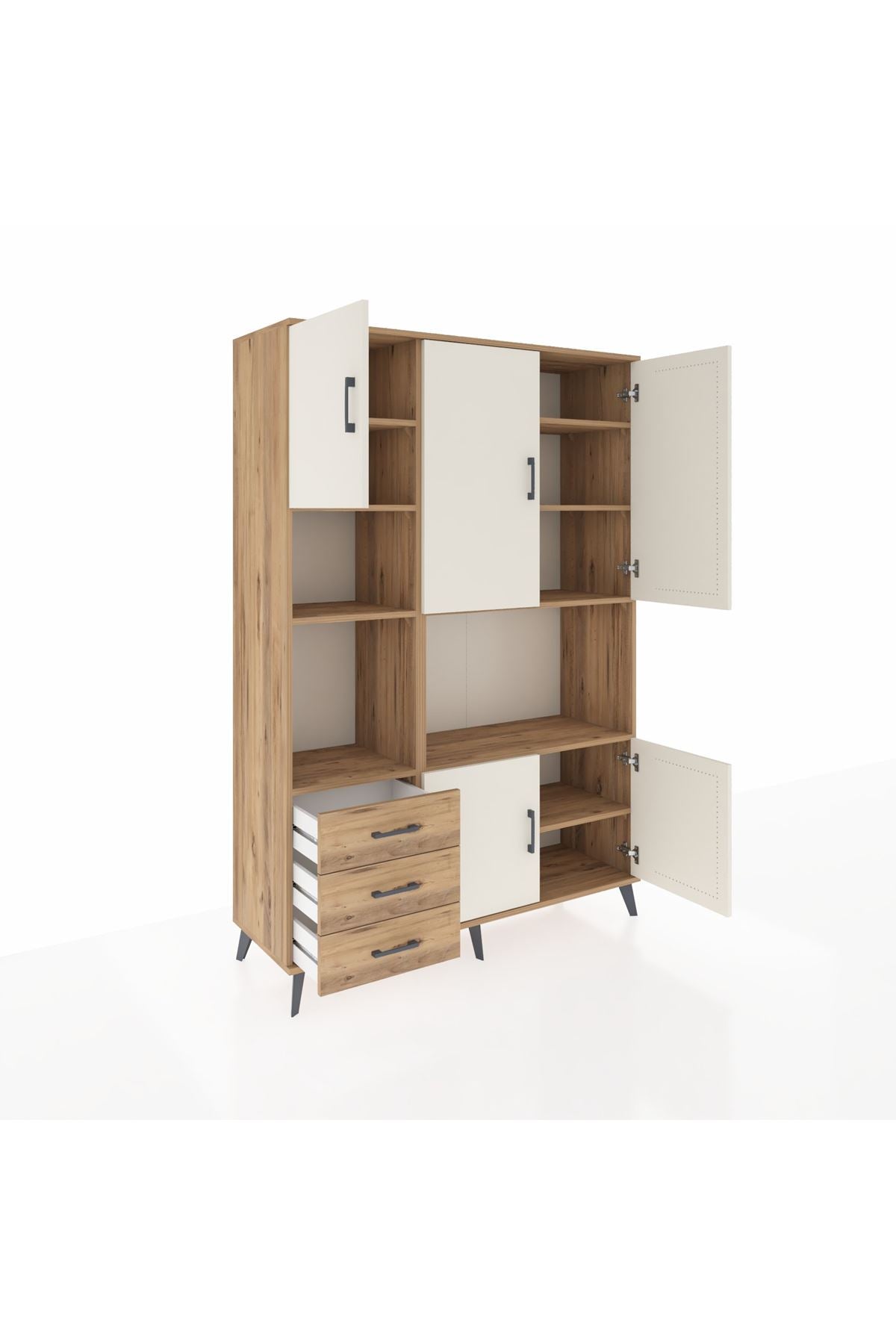 Hyperion Dolap 9 Raflı 3 Çekmeceli 5 Kapaklı 132x44x195 Çam-Aytaşı/Çam