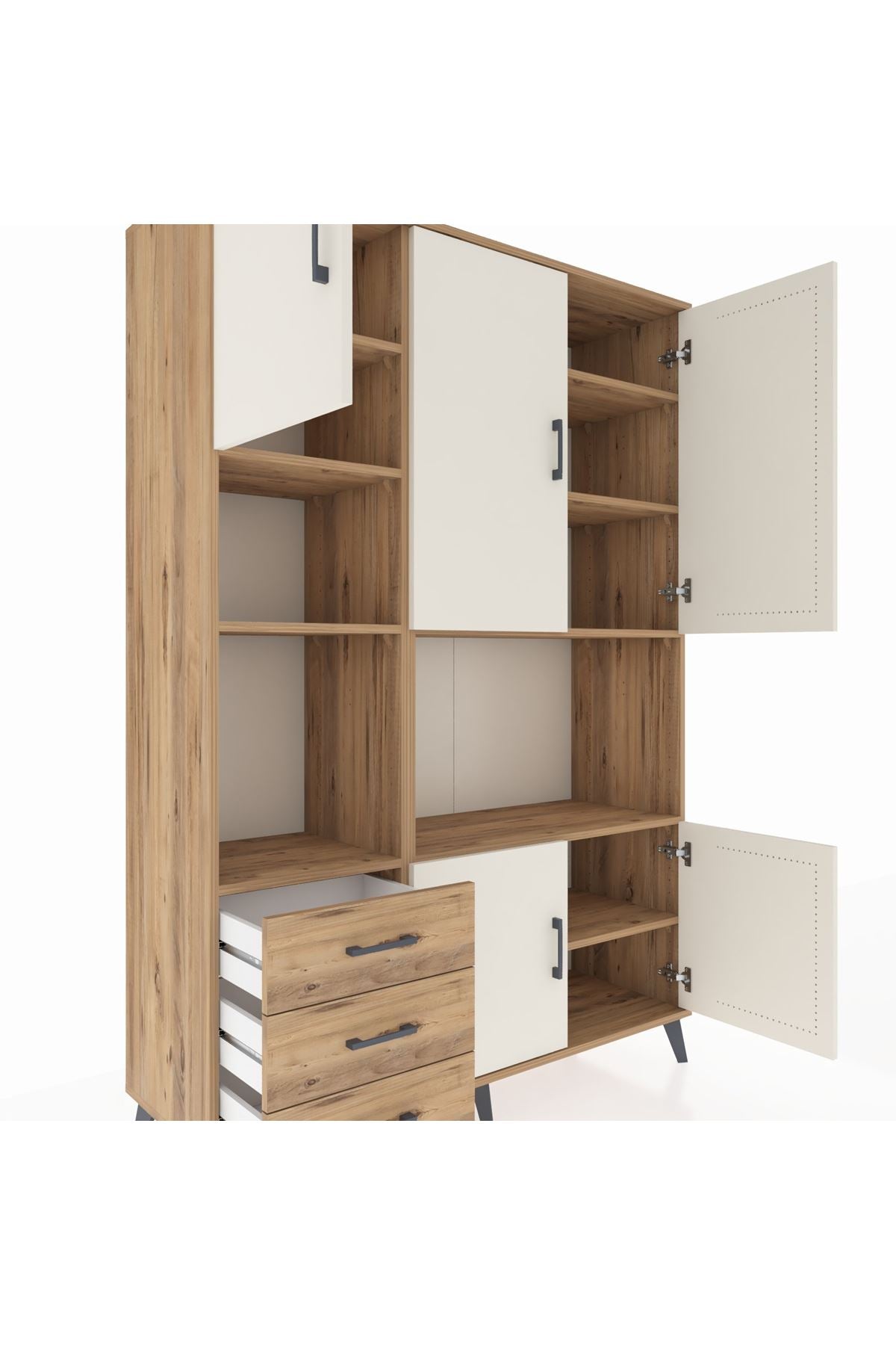 Hyperion Dolap 9 Raflı 3 Çekmeceli 5 Kapaklı 132x44x195 Çam-Aytaşı/Çam