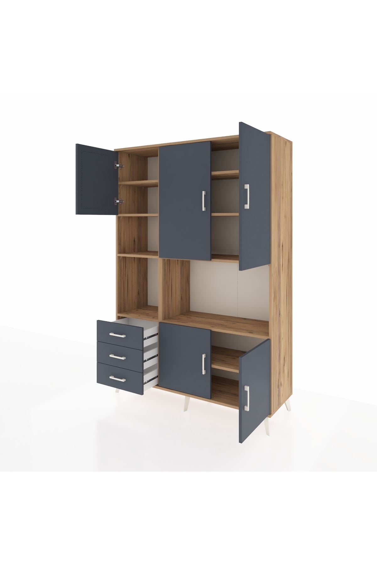 Hyperion Dolap 9 Raflı 3 Çekmeceli 5 Kapaklı 132x44x195 Çam-Antrasit/Antrasit