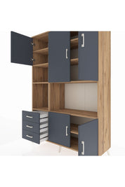 Hyperion Dolap 9 Raflı 3 Çekmeceli 5 Kapaklı 132x44x195 Çam-Antrasit/Antrasit