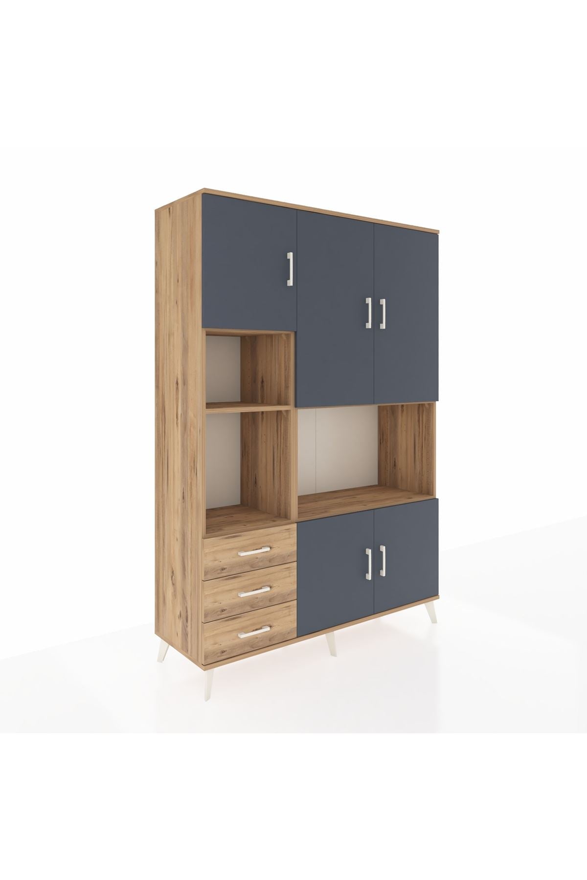 Hyperion Dolap 9 Raflı 3 Çekmeceli 5 Kapaklı 132x44x195 Çam-Antrasit/Çam