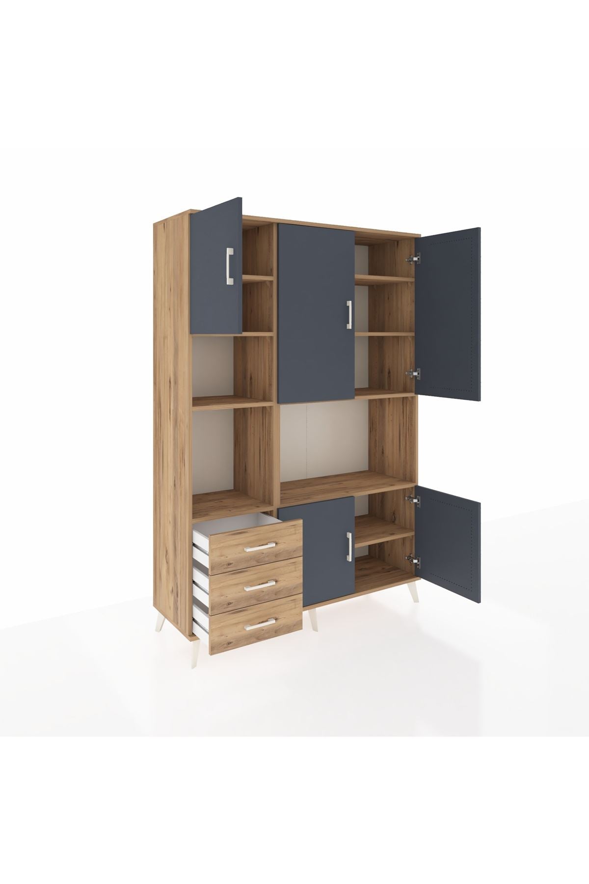 Hyperion Dolap 9 Raflı 3 Çekmeceli 5 Kapaklı 132x44x195 Çam-Antrasit/Çam