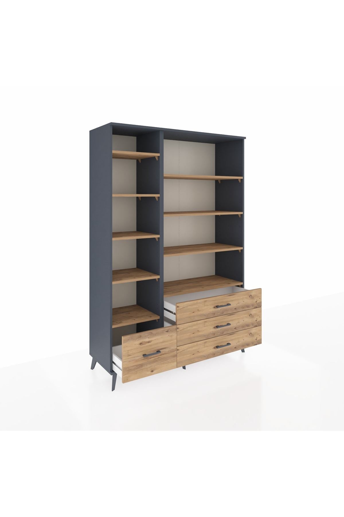 Hyperion Dolap 9 Raflı 4 Çekmeceli  132x44x195 Antrasit-Çam/Çam