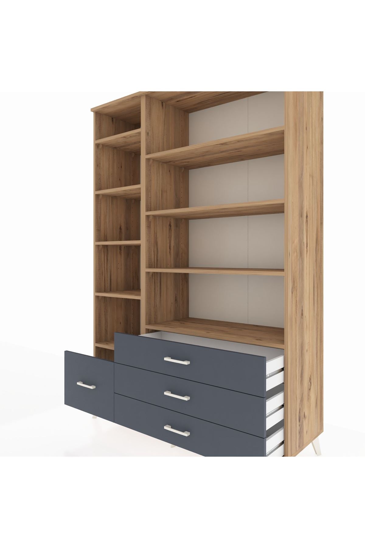 Hyperion Dolap 9 Raflı 4 Çekmeceli  132x44x195 Çam-Çam/Antrasit