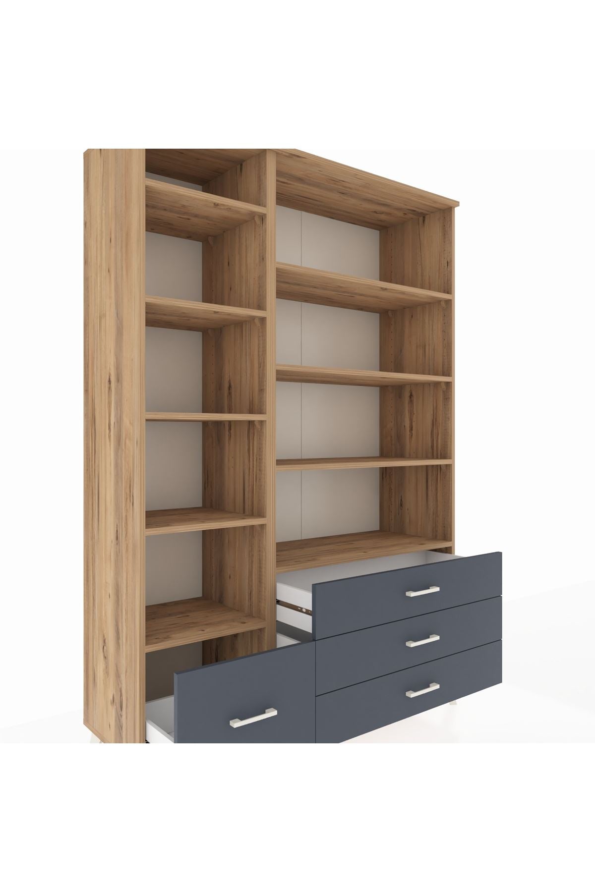 Hyperion Dolap 9 Raflı 4 Çekmeceli  132x44x195 Çam-Çam/Antrasit