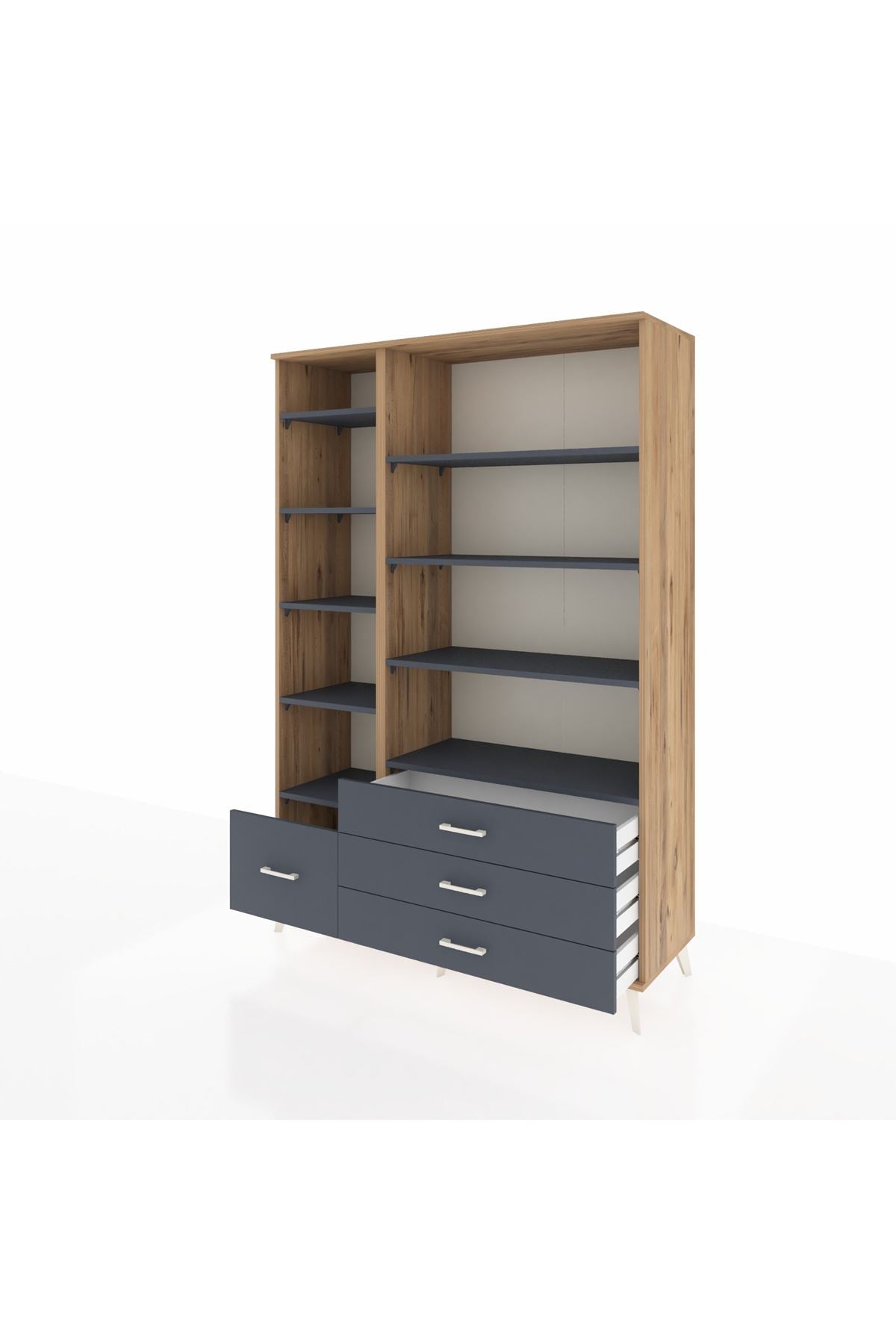 Hyperion Dolap 9 Raflı 4 Çekmeceli  132x44x195 Çam-Antrasit/Antrasit