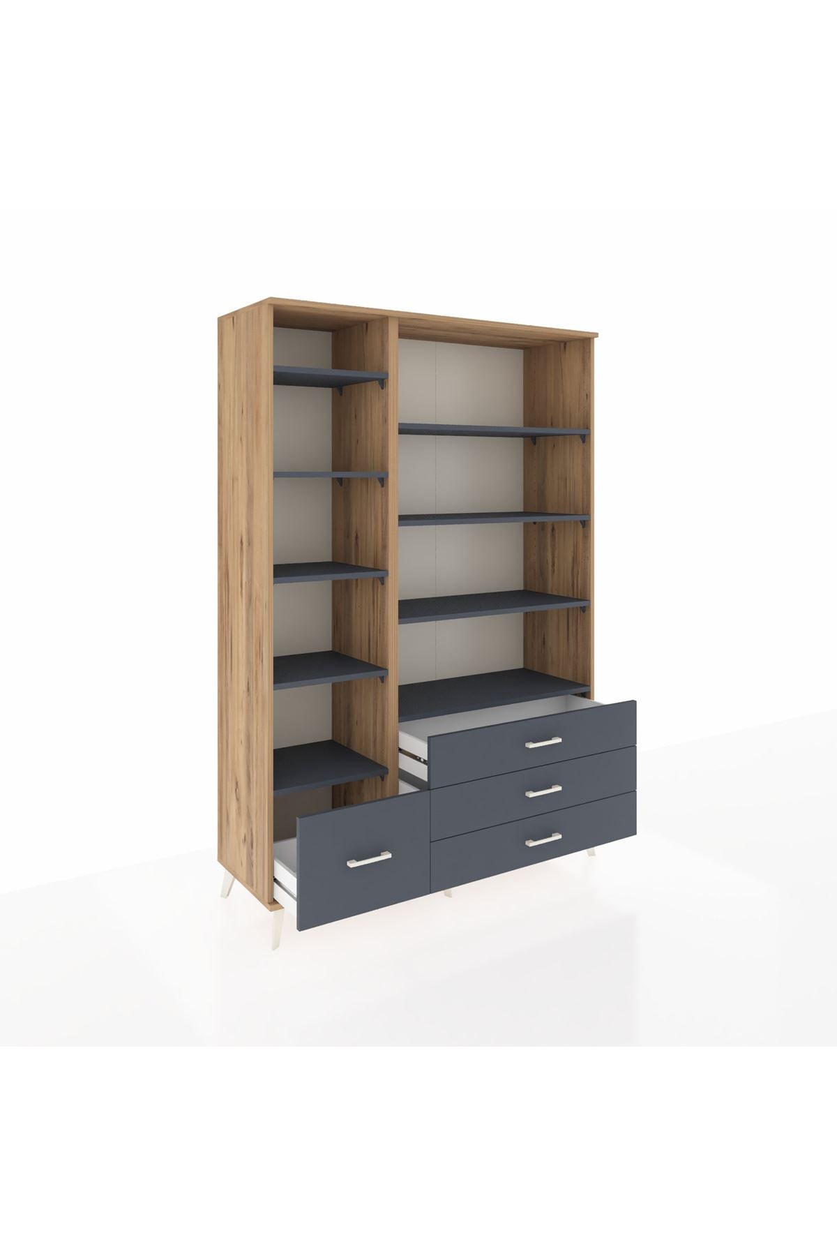 Hyperion Dolap 9 Raflı 4 Çekmeceli  132x44x195 Çam-Antrasit/Antrasit