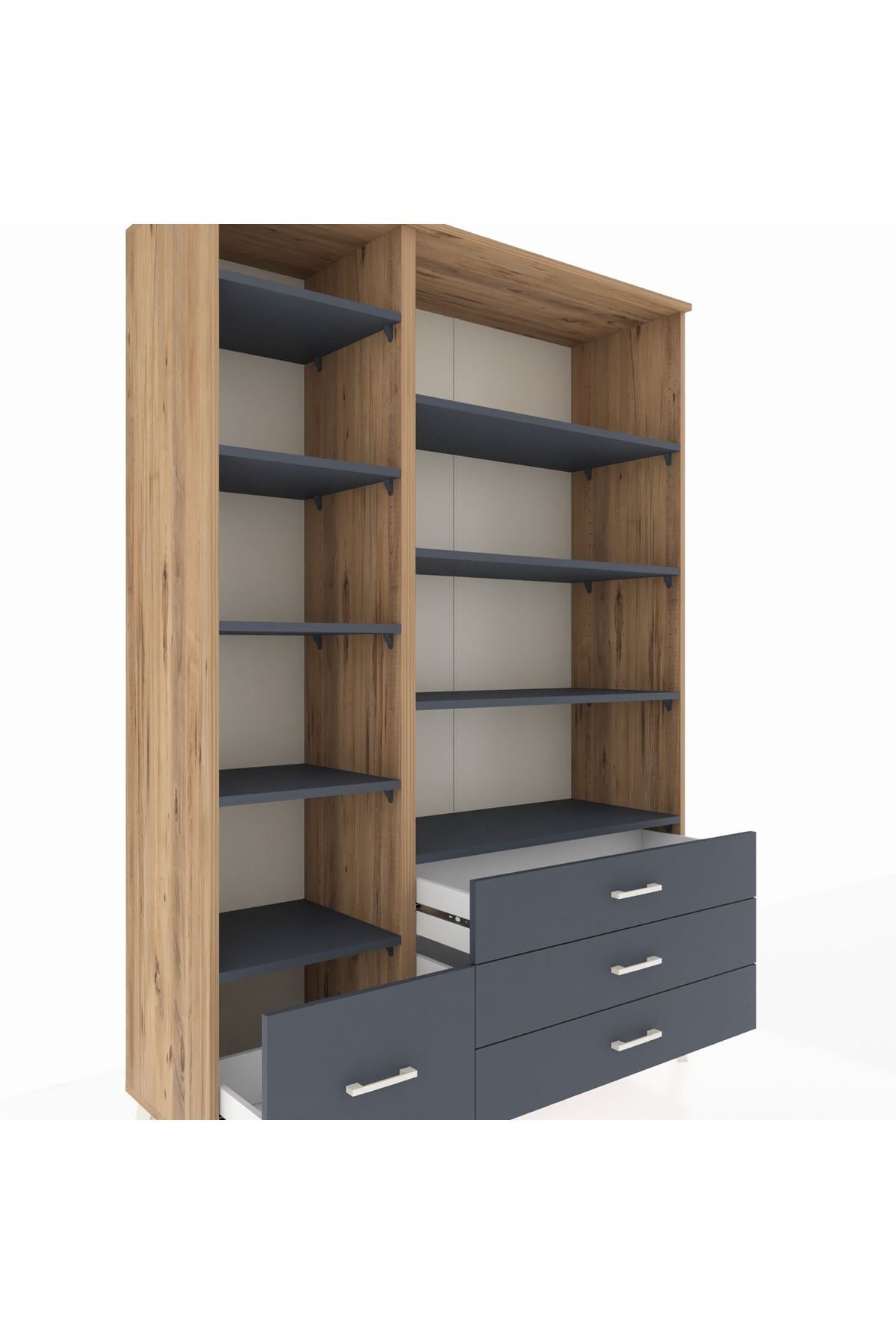 Hyperion Dolap 9 Raflı 4 Çekmeceli  132x44x195 Çam-Antrasit/Antrasit