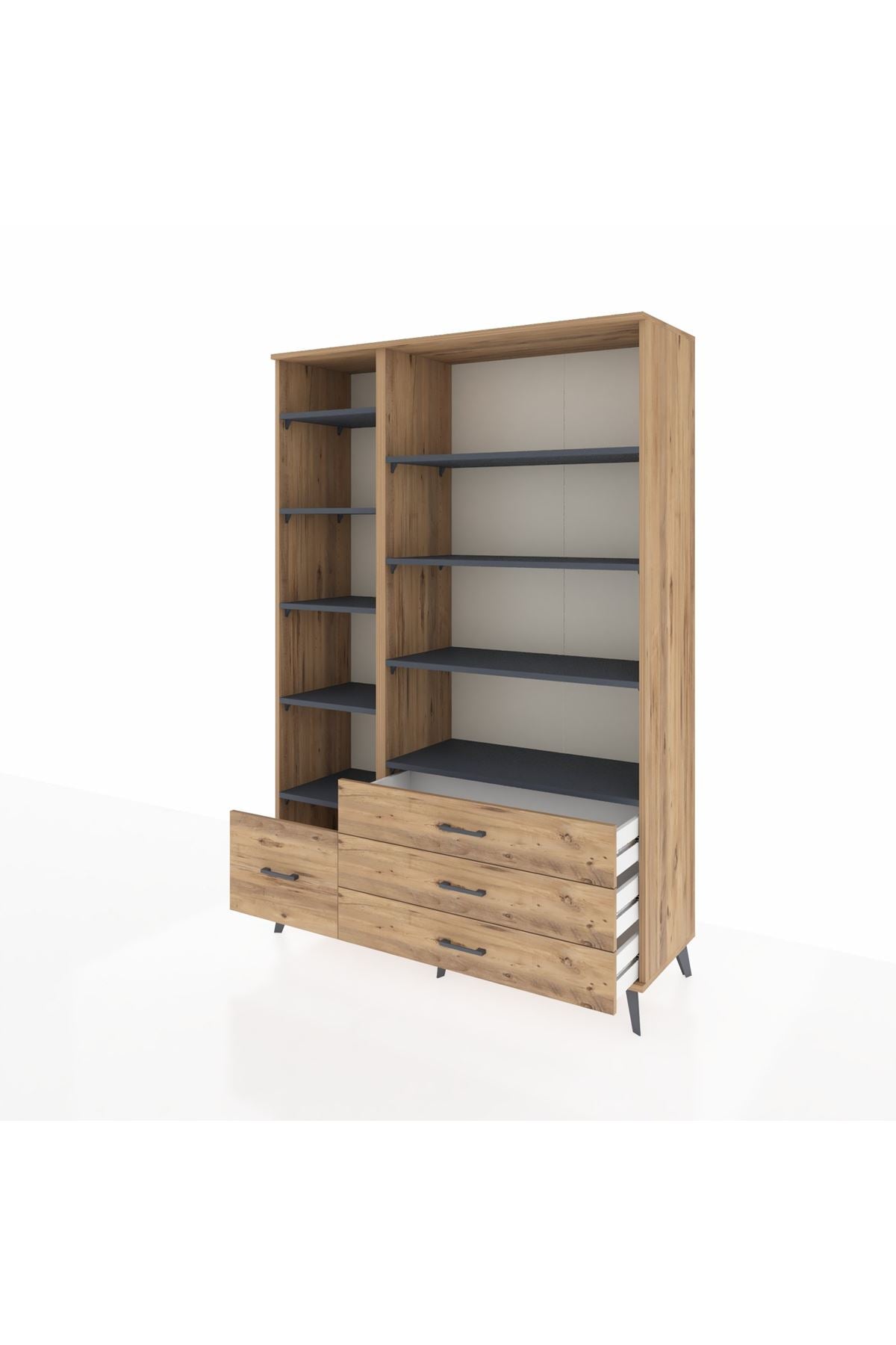 Hyperion Dolap 9 Raflı 4 Çekmeceli  132x44x195 Çam-Antrasit/Çam