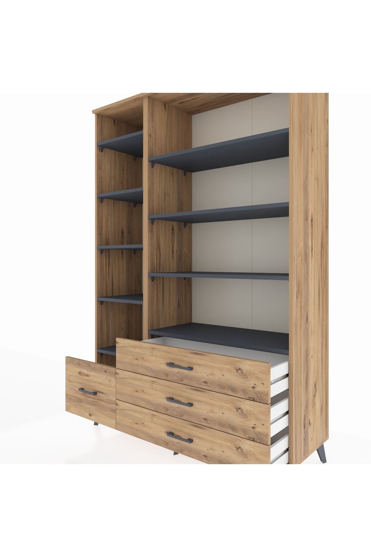 Hyperion Dolap 9 Raflı 4 Çekmeceli  132x44x195 Çam-Antrasit/Çam