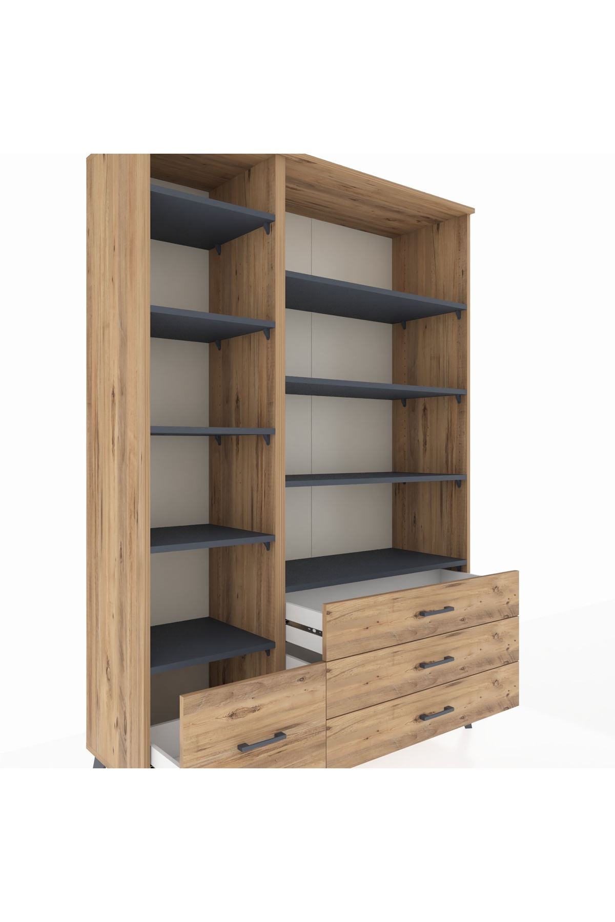 Hyperion Dolap 9 Raflı 4 Çekmeceli  132x44x195 Çam-Antrasit/Çam