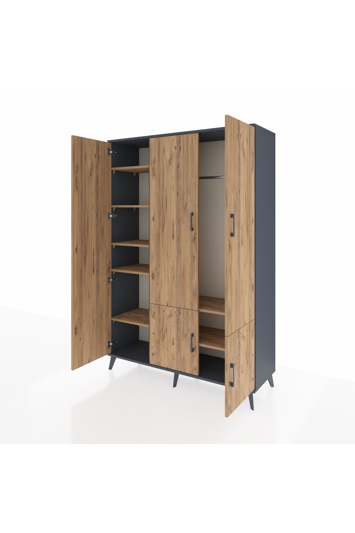 Hyperion Dolap 7 Raflı 5 Kapaklı Tek Askılı 132x44x195 Antrasit-Çam/Çam