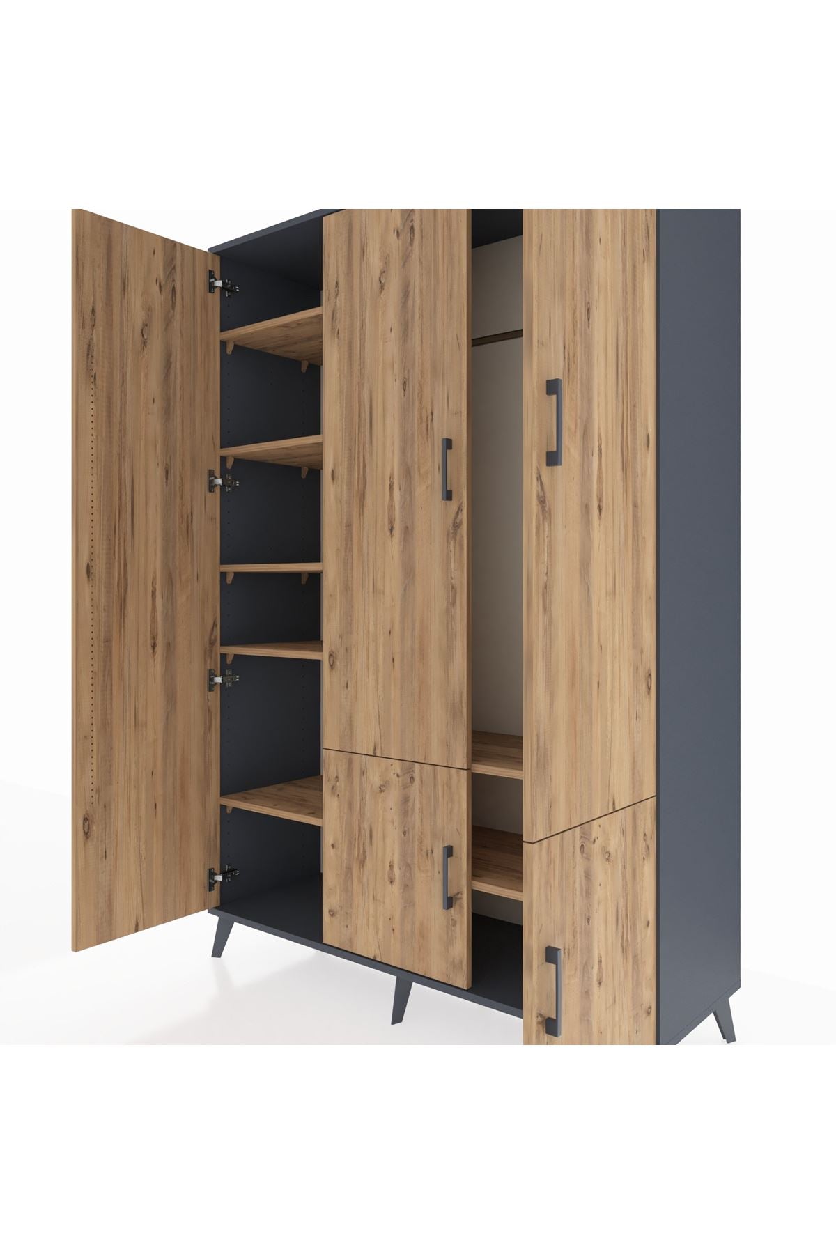 Hyperion Dolap 7 Raflı 5 Kapaklı Tek Askılı 132x44x195 Antrasit-Çam/Çam