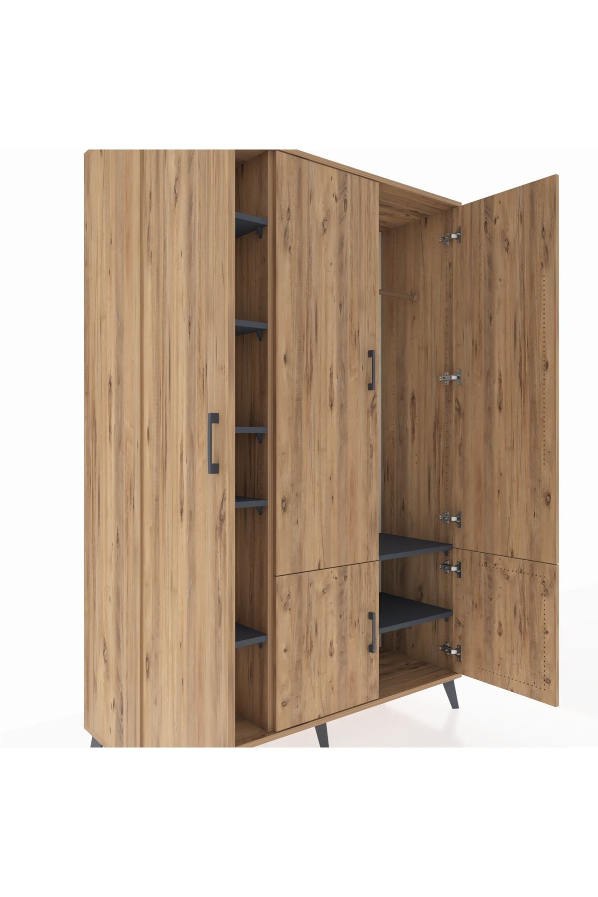 Hyperion Dolap 7 Raflı 5 Kapaklı Tek Askılı 132x44x195 Çam-Çam/Antrasit