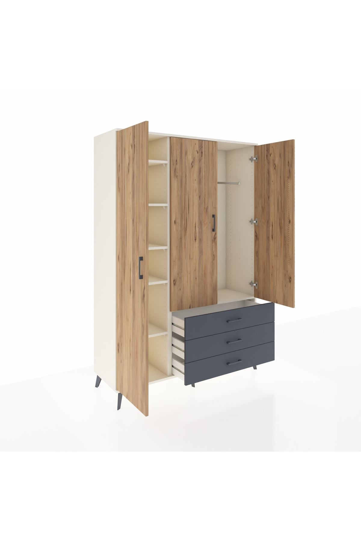 Hyperion Dolap 6 Raflı 3 Çekmeceli Tek Askılı 132x44x195 Aytaşı-Çam/Antrasit