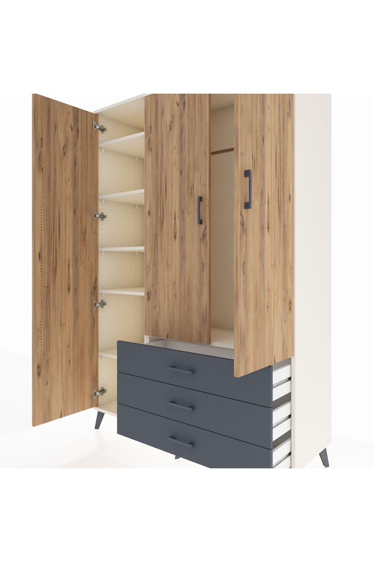 Hyperion Dolap 6 Raflı 3 Çekmeceli Tek Askılı 132x44x195 Aytaşı-Çam/Antrasit