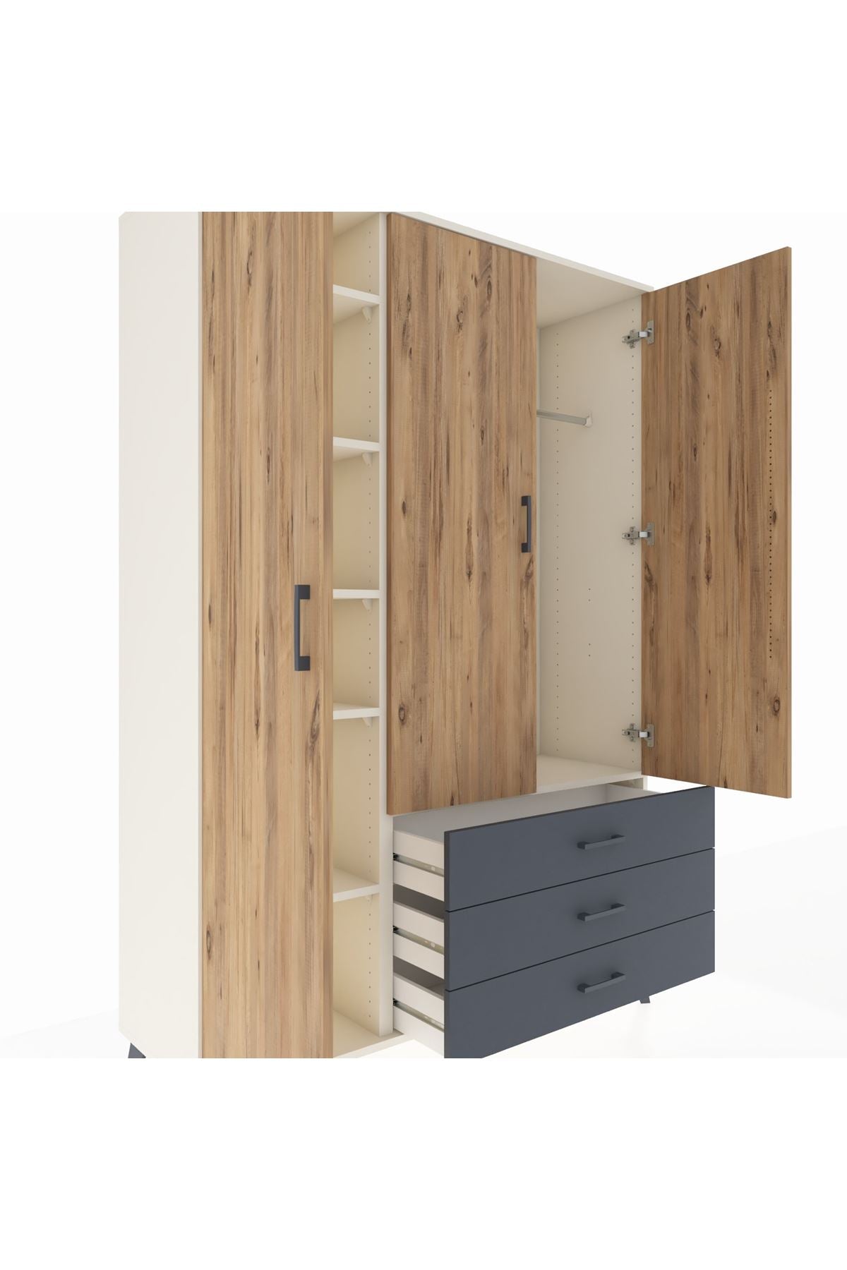 Hyperion Dolap 6 Raflı 3 Çekmeceli Tek Askılı 132x44x195 Aytaşı-Çam/Antrasit