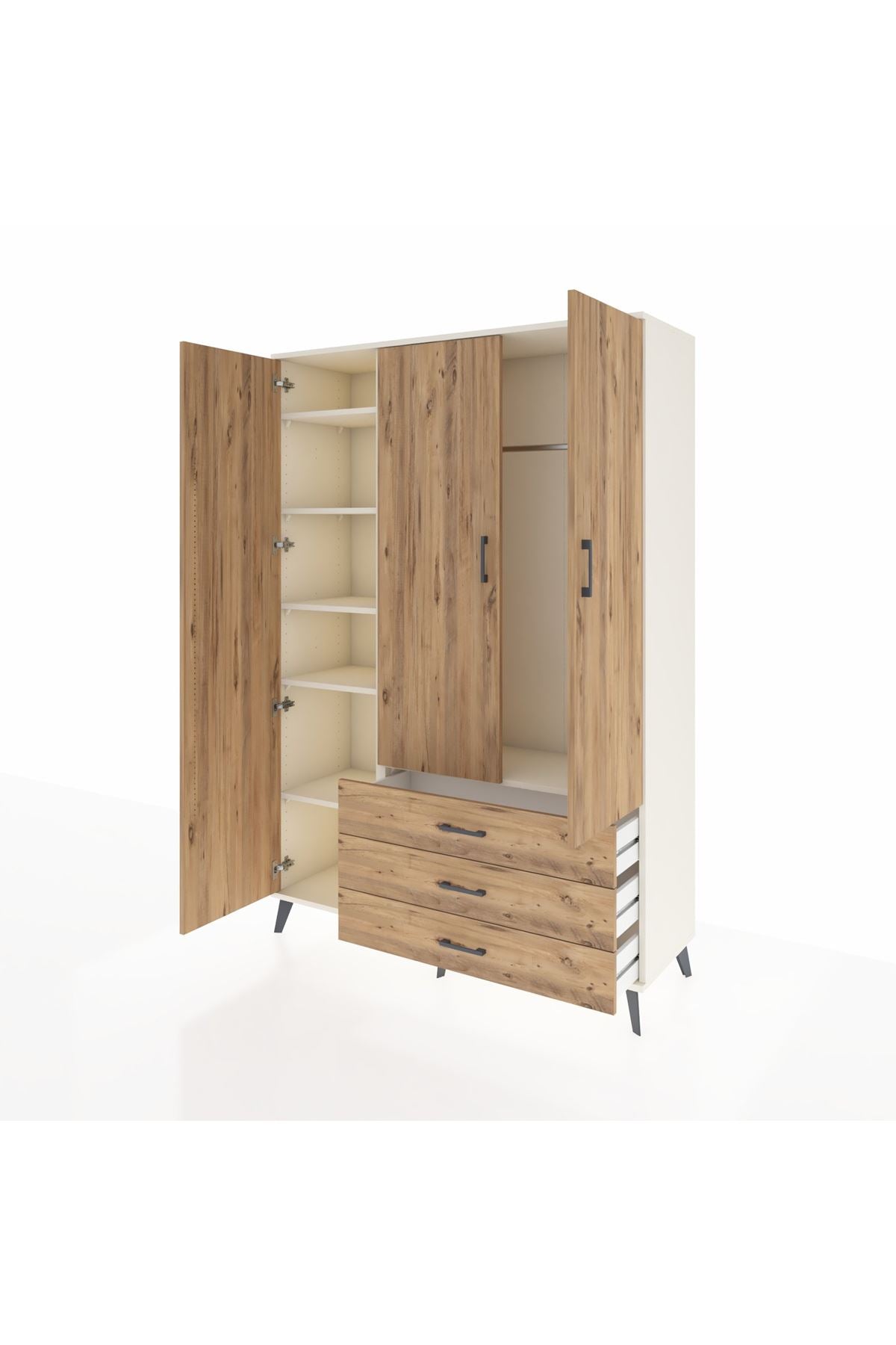 Hyperion Dolap 6 Raflı 3 Çekmeceli Tek Askılı 132x44x195 Aytaşı-Çam/Çam