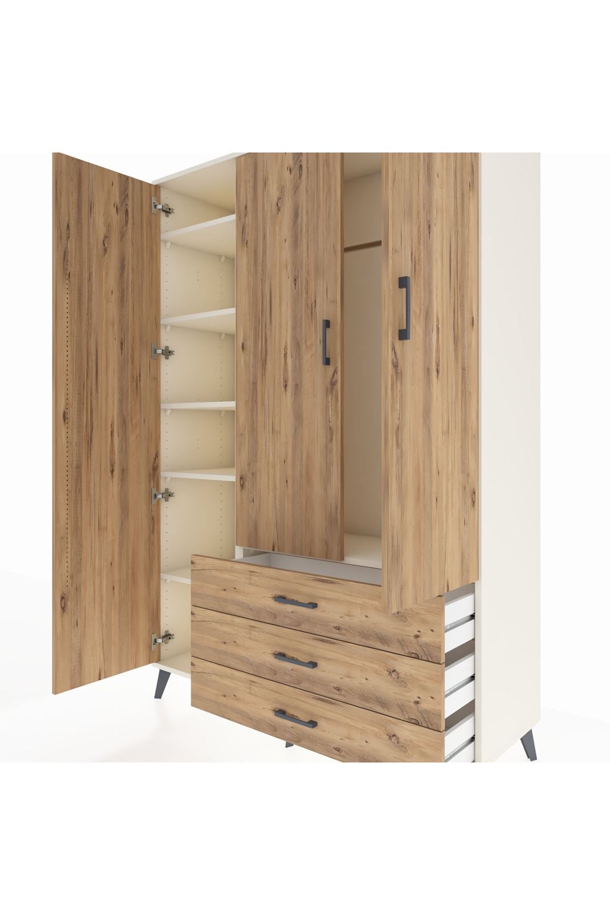 Hyperion Dolap 6 Raflı 3 Çekmeceli Tek Askılı 132x44x195 Aytaşı-Çam/Çam