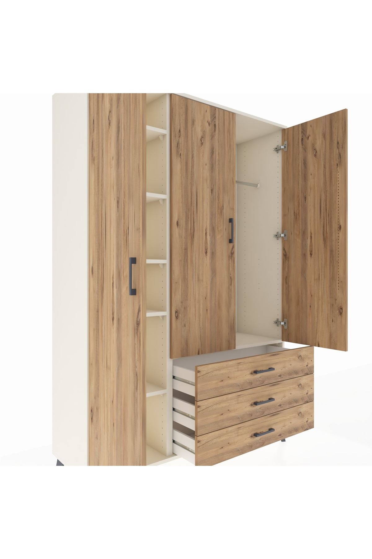 Hyperion Dolap 6 Raflı 3 Çekmeceli Tek Askılı 132x44x195 Aytaşı-Çam/Çam