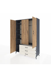 Hyperion Dolap 6 Raflı 3 Çekmeceli Tek Askılı 132x44x195 Antrasit-Çam/Aytaşı