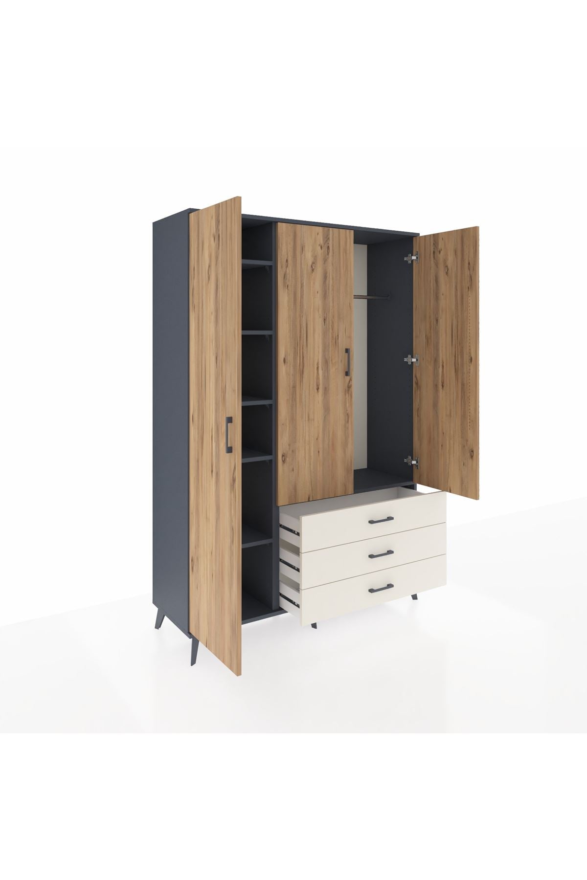 Hyperion Dolap 6 Raflı 3 Çekmeceli Tek Askılı 132x44x195 Antrasit-Çam/Aytaşı