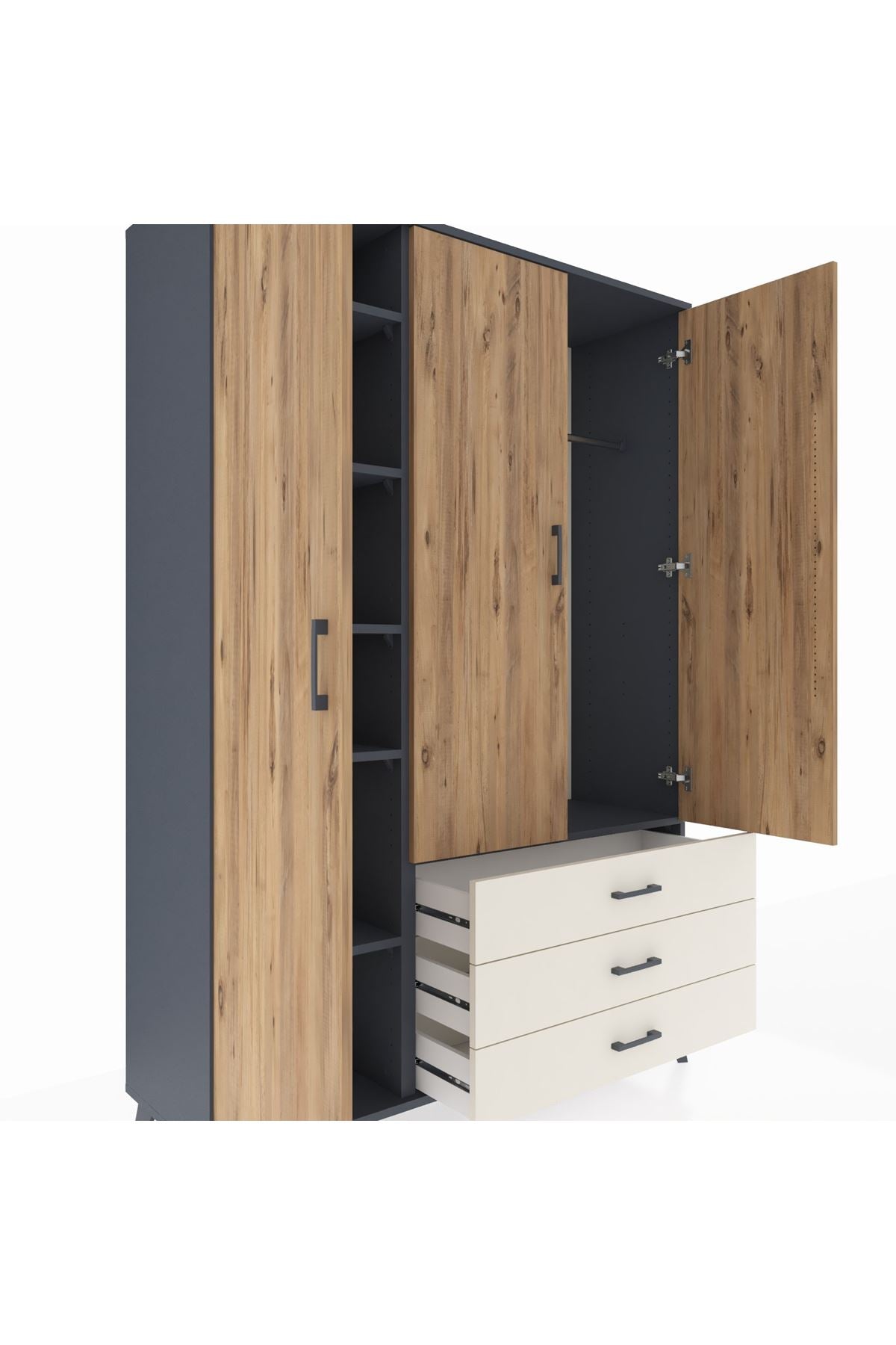 Hyperion Dolap 6 Raflı 3 Çekmeceli Tek Askılı 132x44x195 Antrasit-Çam/Aytaşı