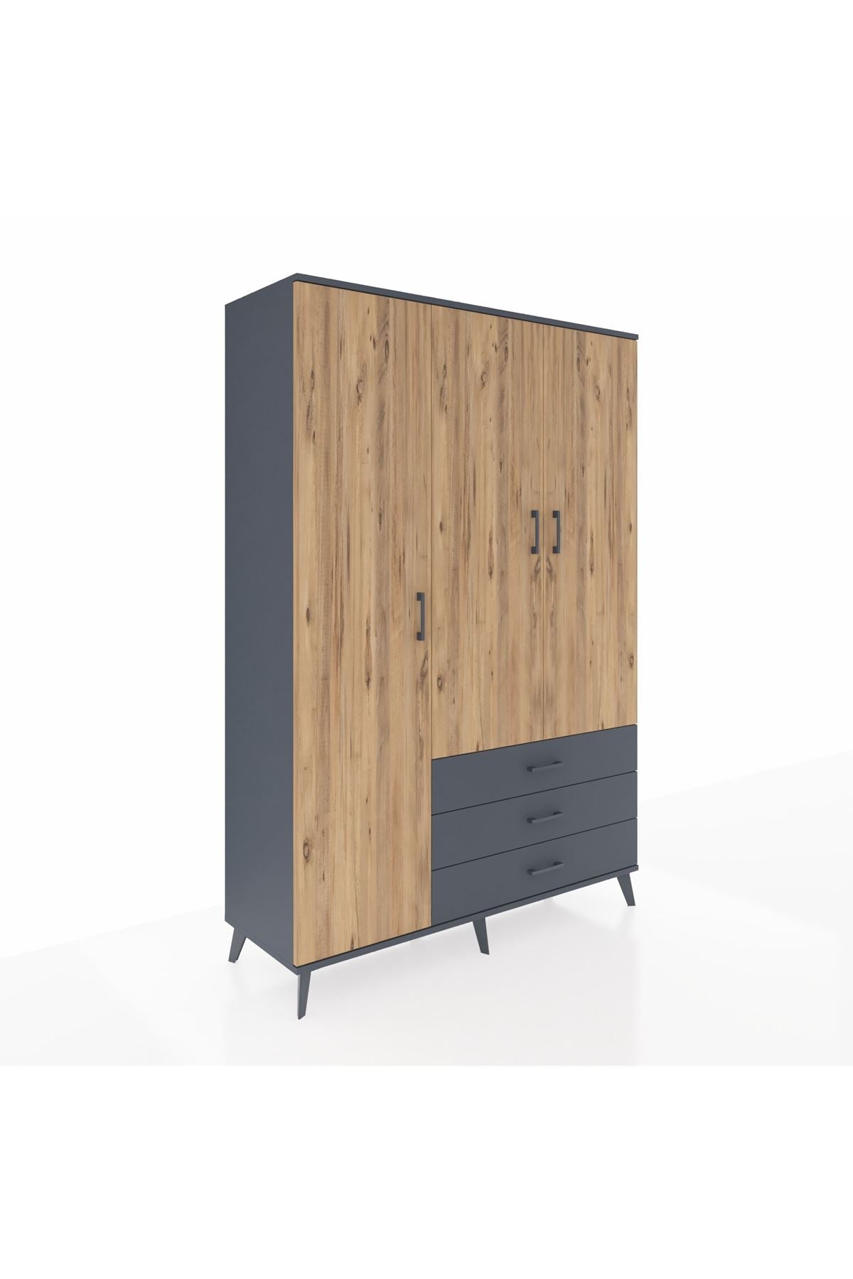 Hyperion Dolap 6 Raflı 3 Çekmeceli Tek Askılı 132x44x195 Antrasit-Çam/Antrasit