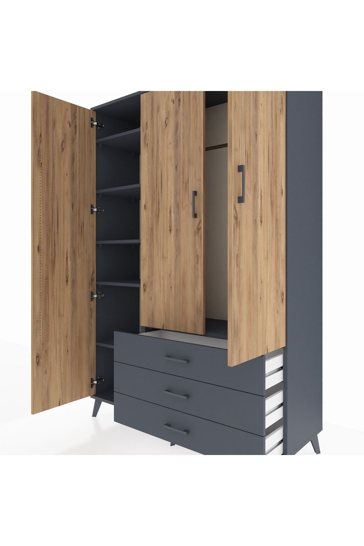 Hyperion Dolap 6 Raflı 3 Çekmeceli Tek Askılı 132x44x195 Antrasit-Çam/Antrasit