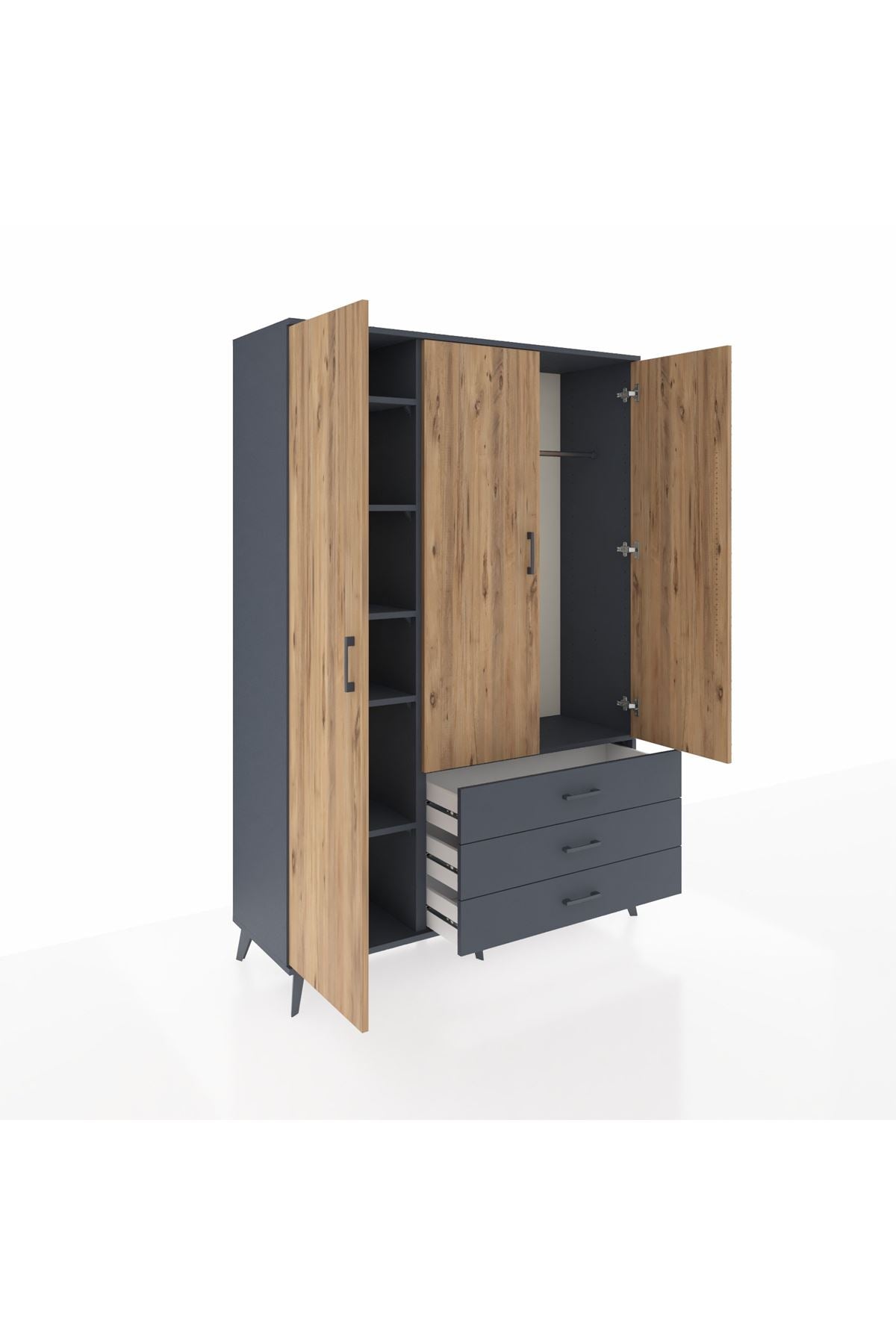 Hyperion Dolap 6 Raflı 3 Çekmeceli Tek Askılı 132x44x195 Antrasit-Çam/Antrasit