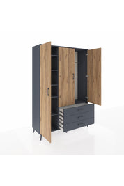 Hyperion Dolap 6 Raflı 3 Çekmeceli Tek Askılı 132x44x195 Antrasit-Çam/Antrasit