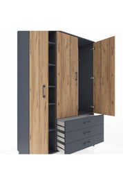 Hyperion Dolap 6 Raflı 3 Çekmeceli Tek Askılı 132x44x195 Antrasit-Çam/Antrasit