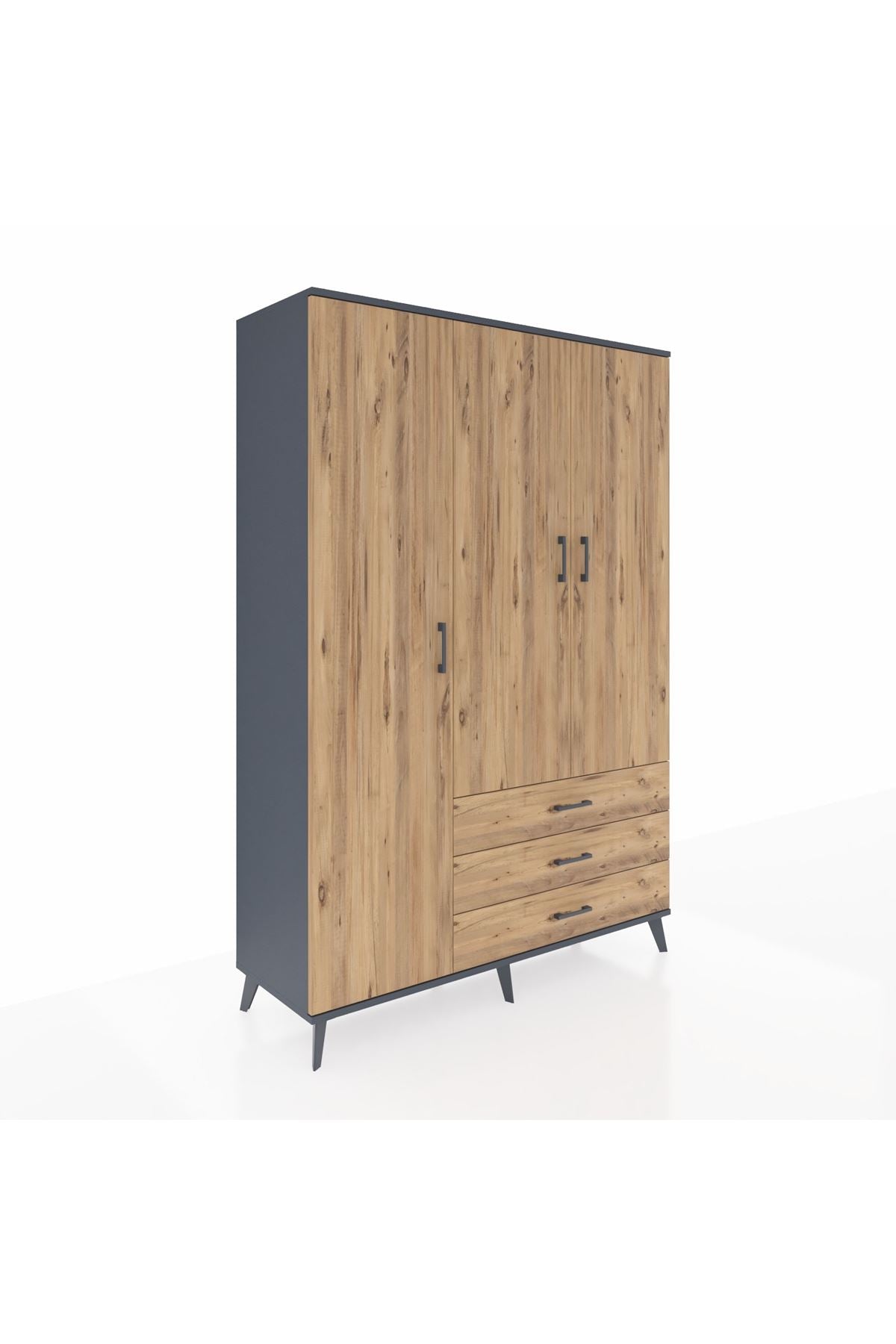 Hyperion Dolap 6 Raflı 3 Çekmeceli Tek Askılı 132x44x195 Antrasit-Çam/Çam