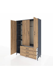 Hyperion Dolap 6 Raflı 3 Çekmeceli Tek Askılı 132x44x195 Antrasit-Çam/Çam