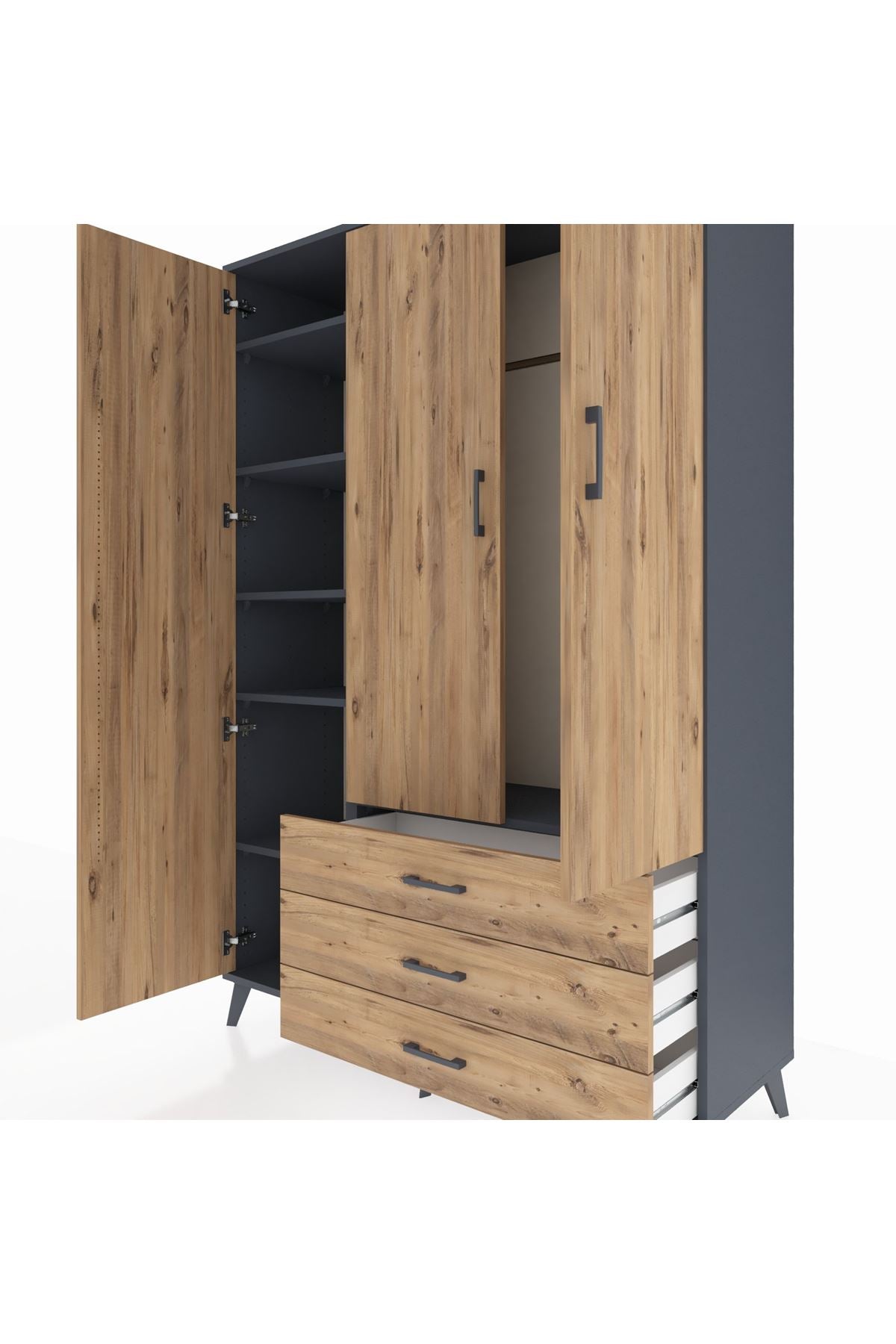 Hyperion Dolap 6 Raflı 3 Çekmeceli Tek Askılı 132x44x195 Antrasit-Çam/Çam