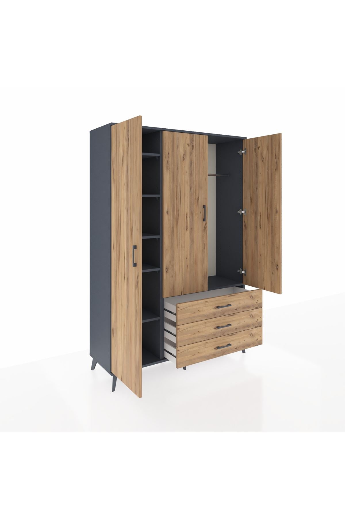 Hyperion Dolap 6 Raflı 3 Çekmeceli Tek Askılı 132x44x195 Antrasit-Çam/Çam