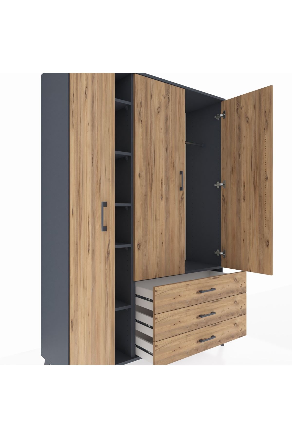 Hyperion Dolap 6 Raflı 3 Çekmeceli Tek Askılı 132x44x195 Antrasit-Çam/Çam