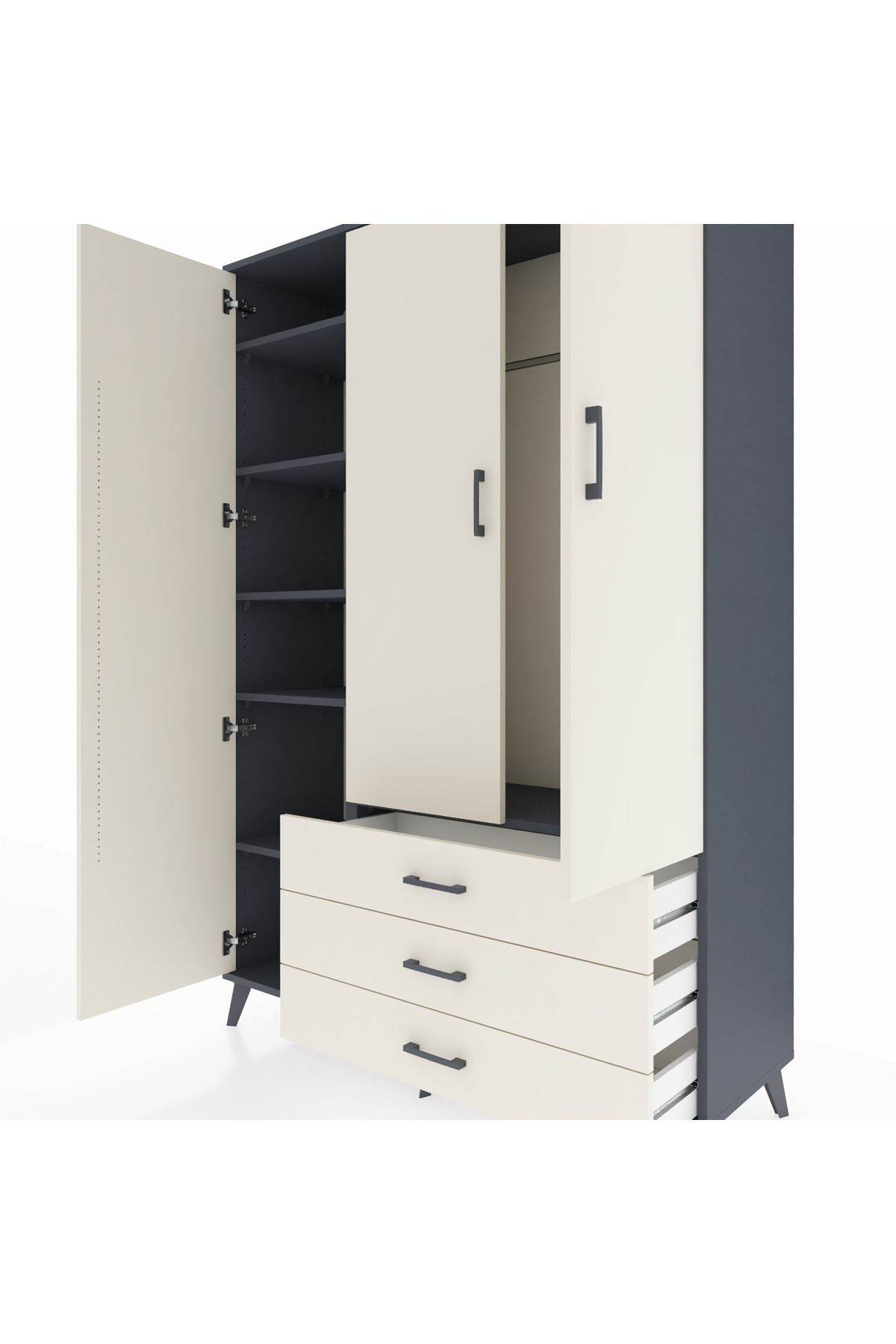 Hyperion Dolap 6 Raflı 3 Çekmeceli Tek Askılı 132x44x195 Antrasit-Aytaşı/Aytaşı