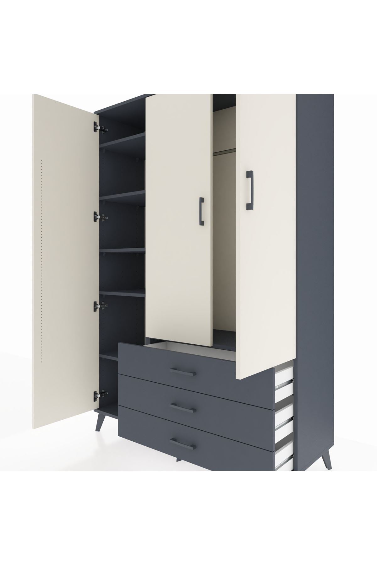 Hyperion Dolap 6 Raflı 3 Çekmeceli Tek Askılı 132x44x195 Antrasit-Aytaşı/Antrasit