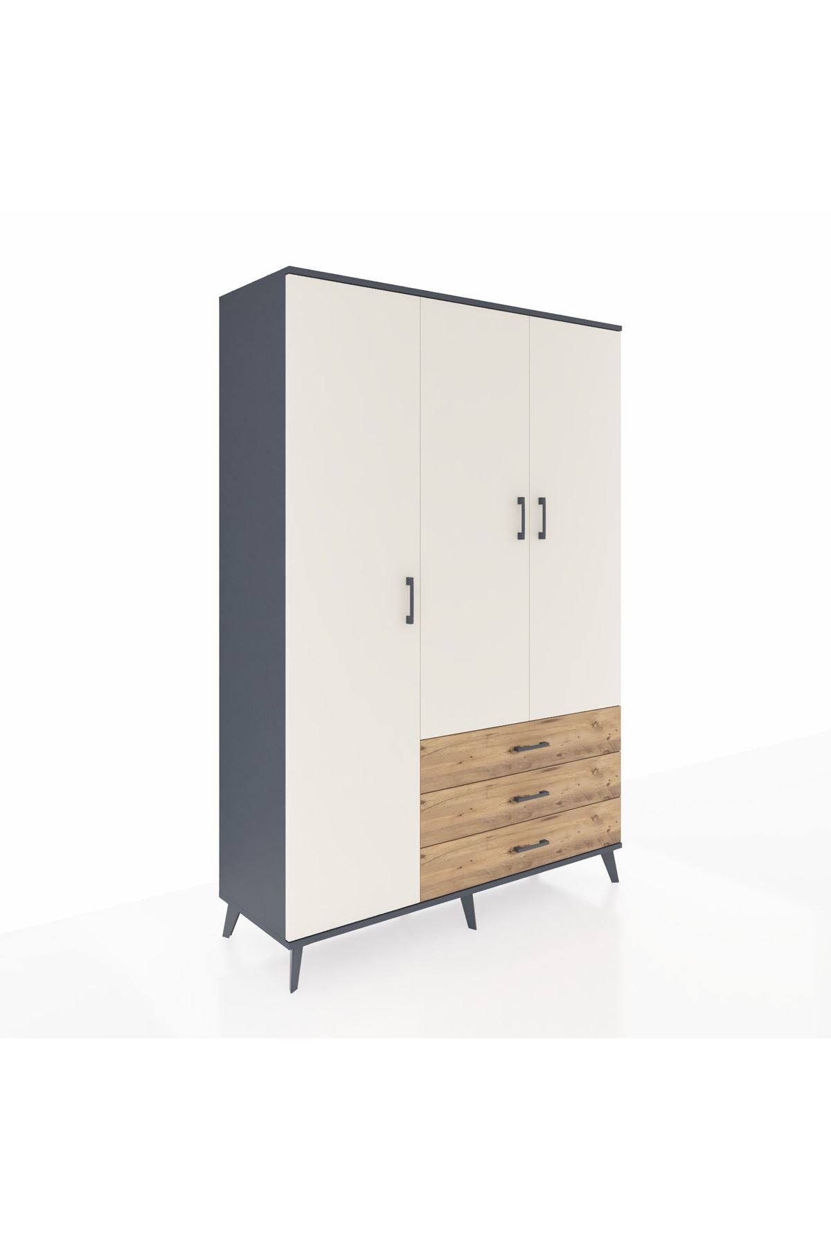 Hyperion Dolap 6 Raflı 3 Çekmeceli Tek Askılı 132x44x195 Antrasit-Aytaşı/Çam