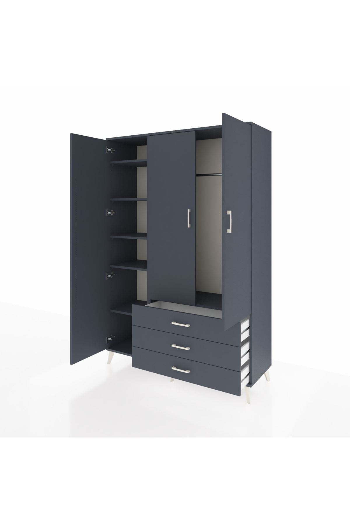 Hyperion Dolap 6 Raflı 3 Çekmeceli Tek Askılı 132x44x195 Antrasit-Antrasit/Antrasit