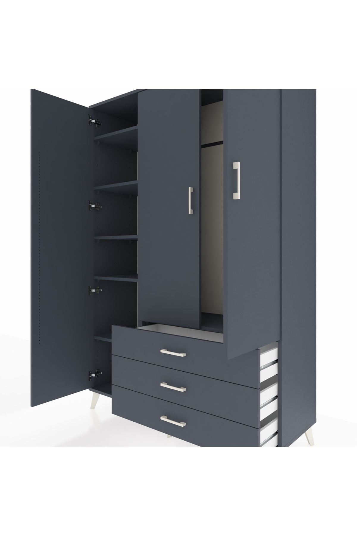 Hyperion Dolap 6 Raflı 3 Çekmeceli Tek Askılı 132x44x195 Antrasit-Antrasit/Antrasit